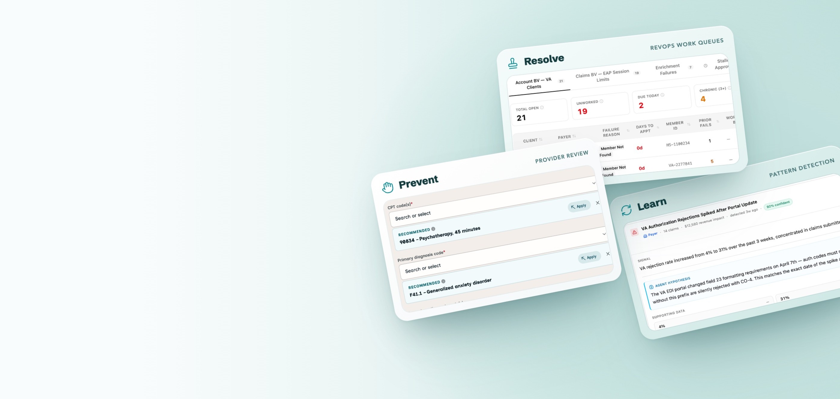 Claims service prototype screens on three floating cards: Prevent (provider review), Resolve (RevOps work queues), and Learn (pattern detection)