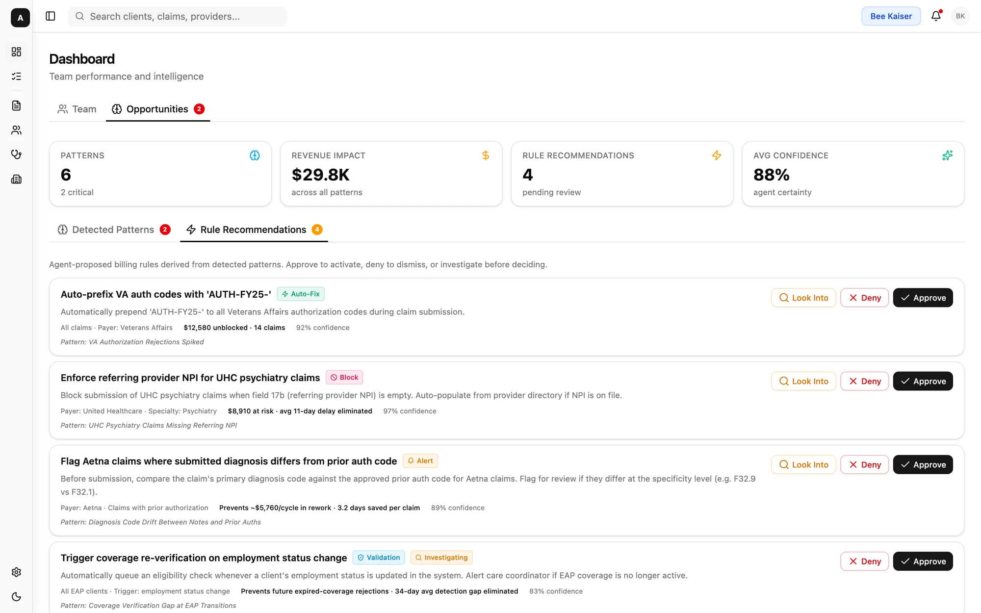 Prototype of the Opportunities tab: rules proposed from detected patterns, waiting for review