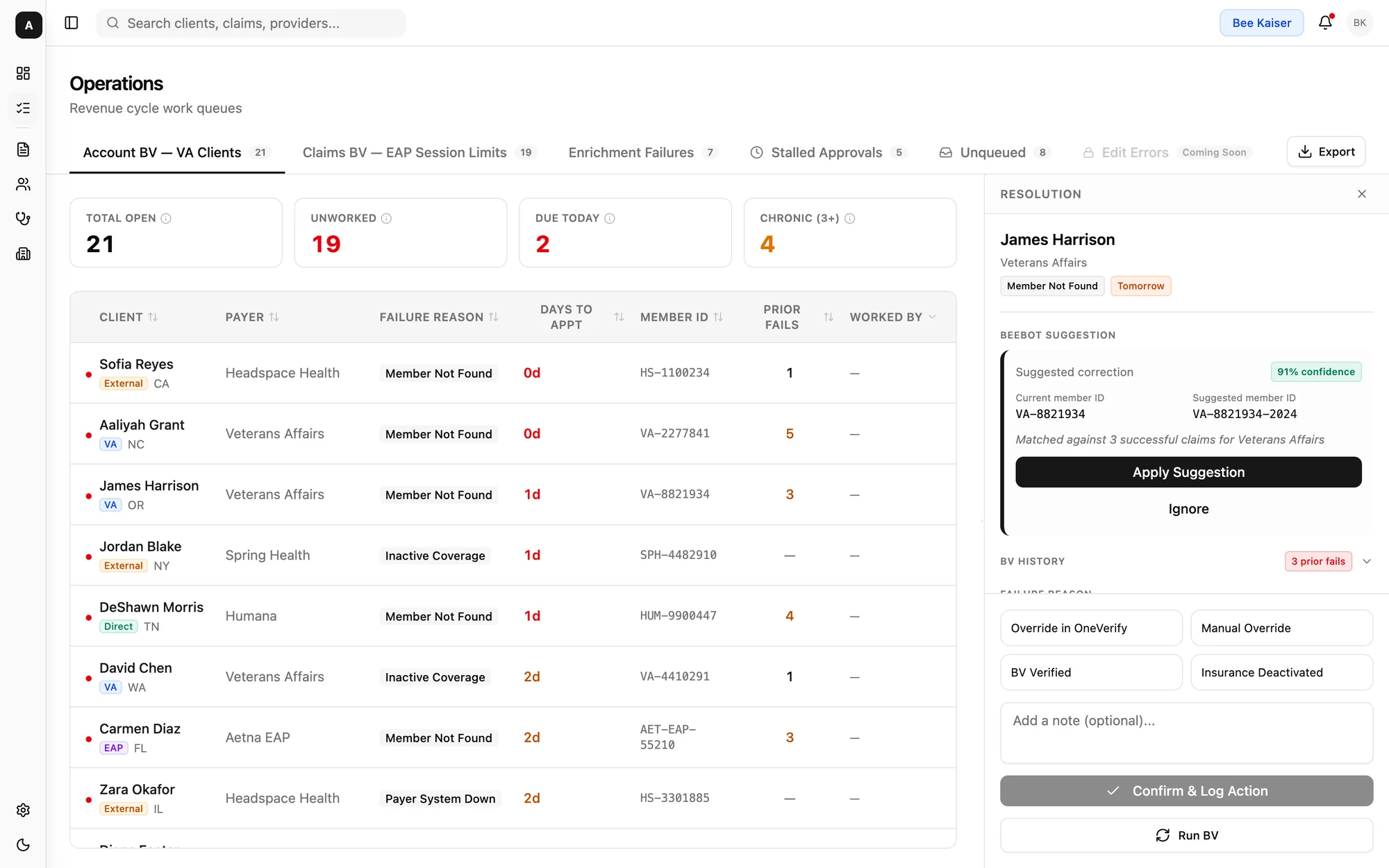 Prototype of the Operations work queues: tabs for Account BV, Claims BV, Enrichment Failures, Stalled Approvals and Unqueued, with days to appointment and a resolution panel showing a suggested member ID correction