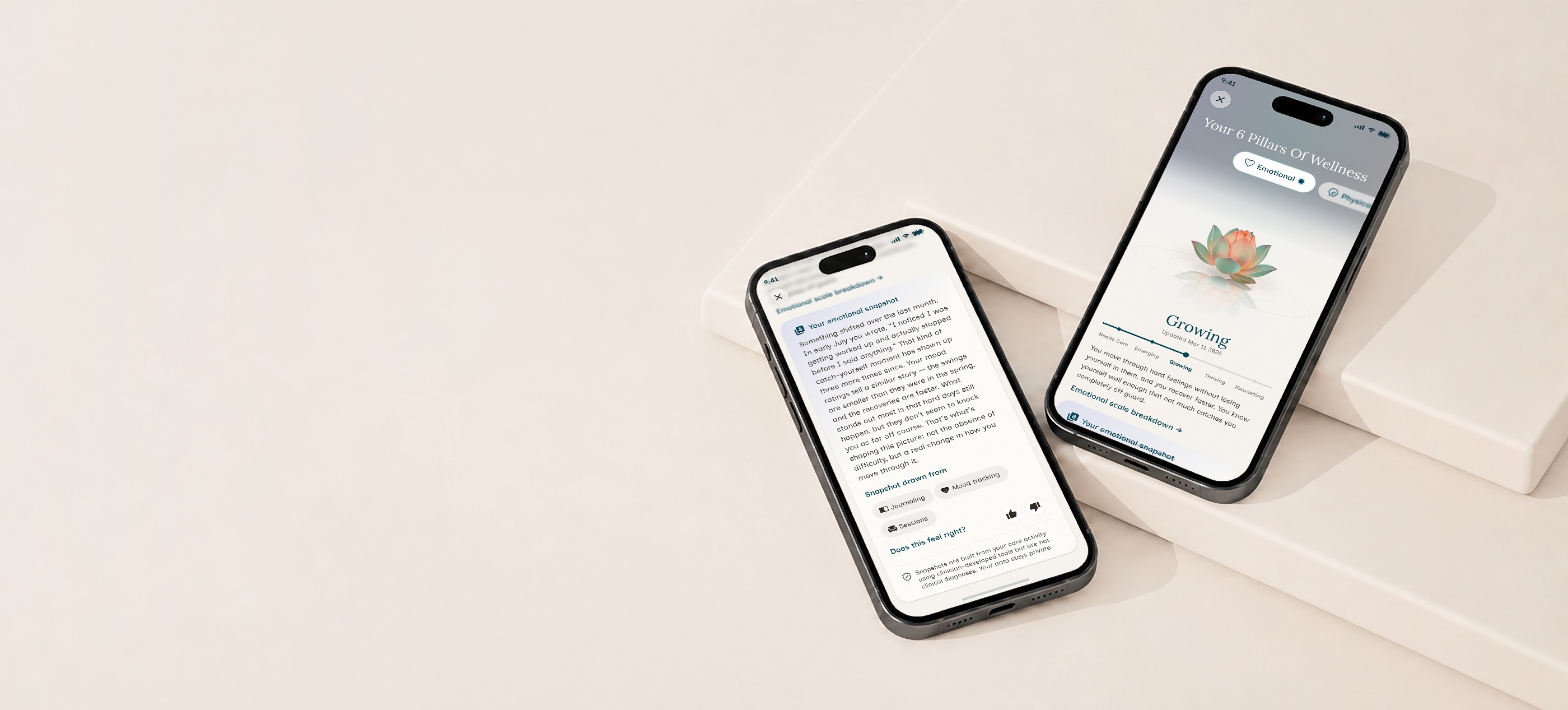 Wellness Picture prototype on two phones resting on beige blocks: the AI-written emotional snapshot on the left, the Emotional pillar on the right